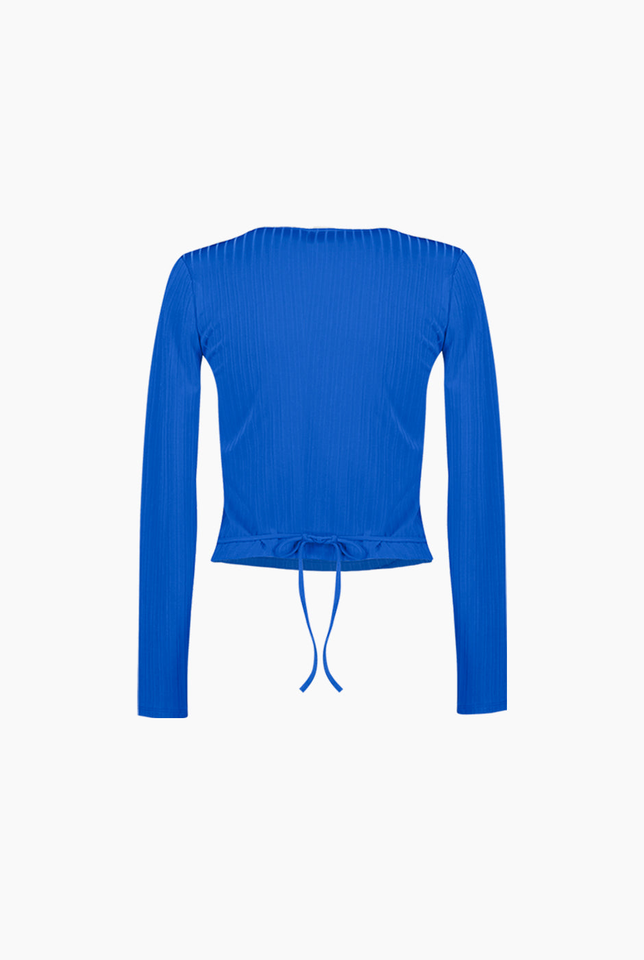 Blusa azul cruzada de manga larga con amarre lateral