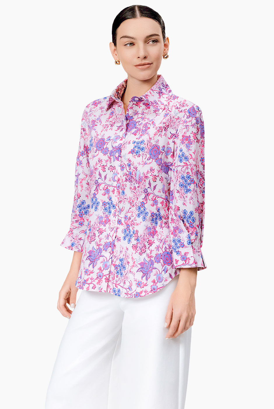 Blusa camisera fucsia con estampado floral y mangas 3/4