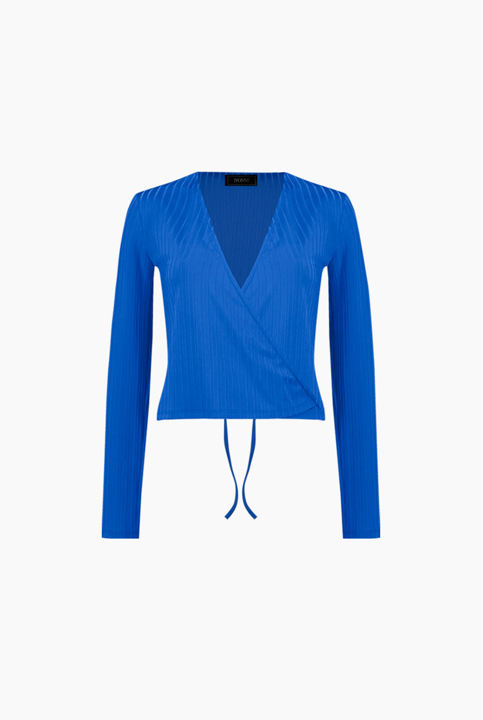 Blusa azul cruzada de manga larga con amarre lateral