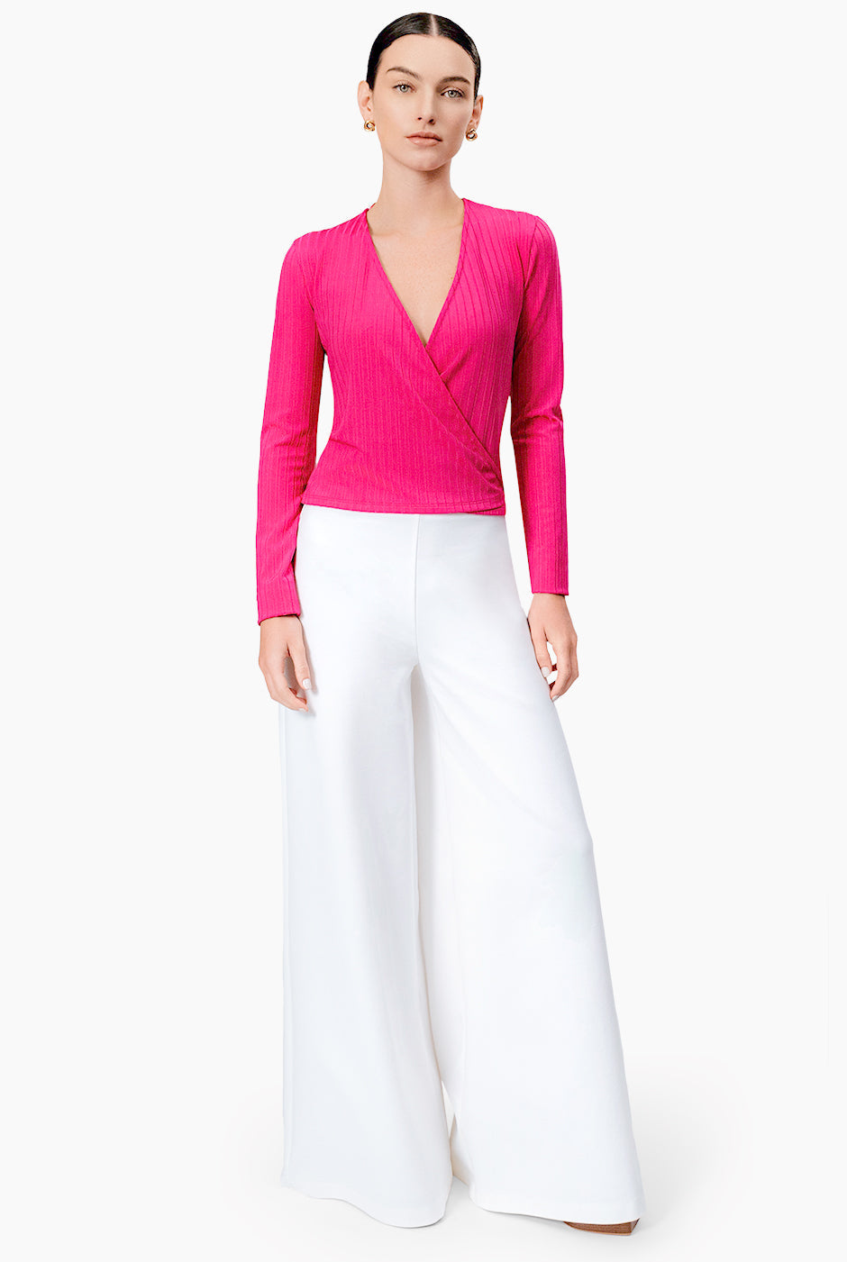 Blusa fucsia cruzada con amarre lateral y manga larga