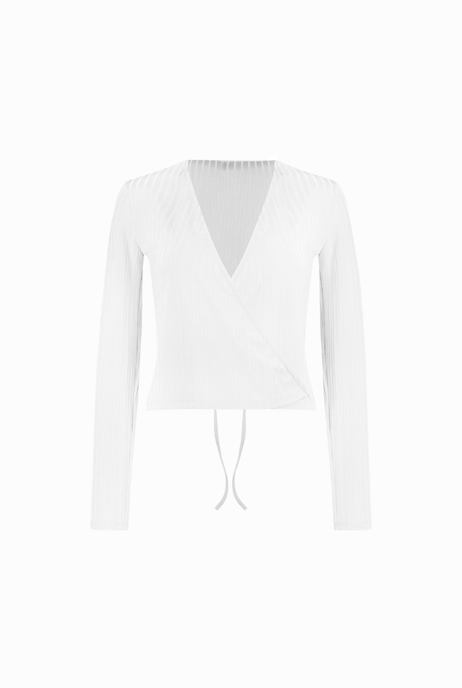 Blusa blanca cruzada con amarre en costado y manga larga