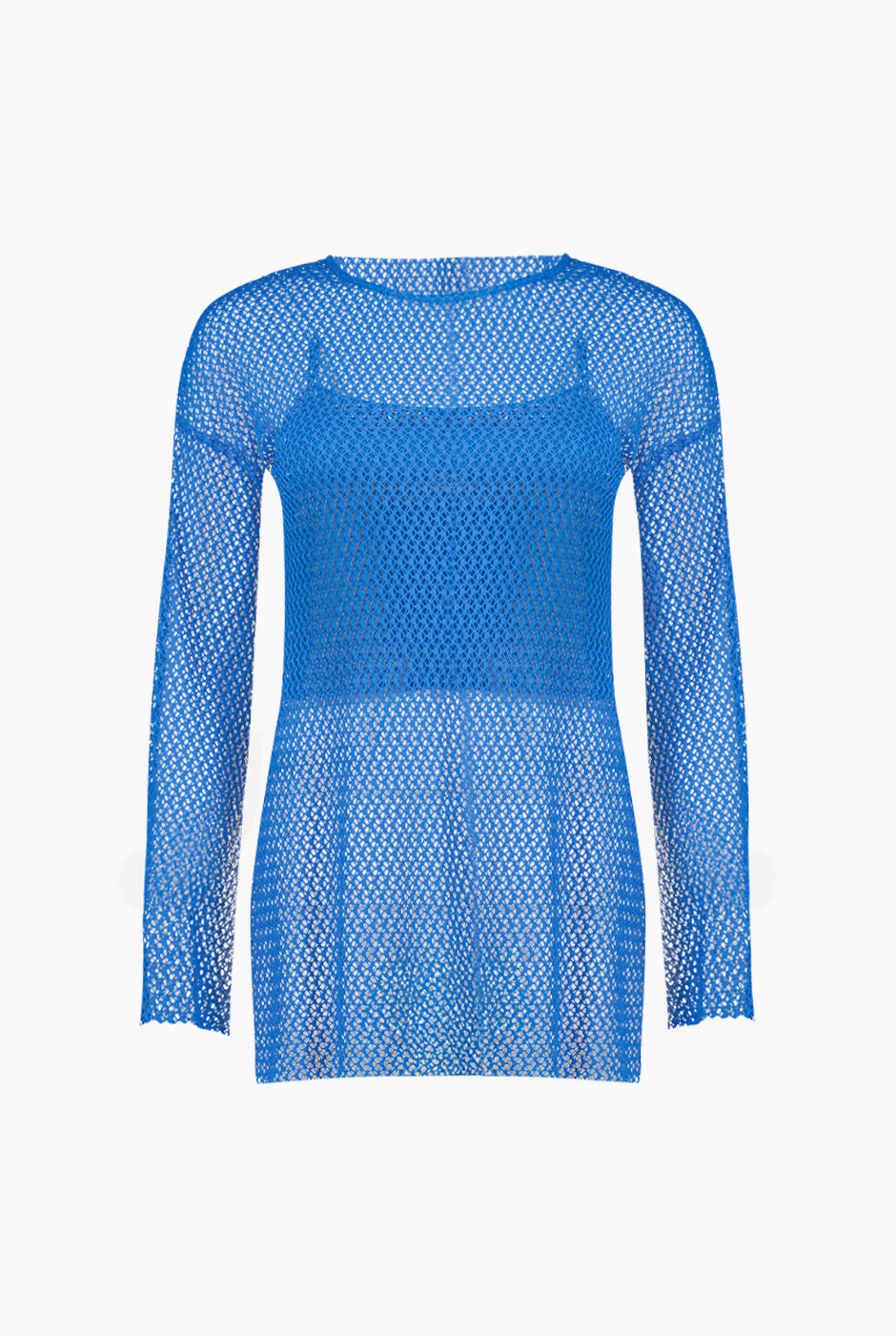 Blusa túnica azul tejida de manga larga y cuello redondo