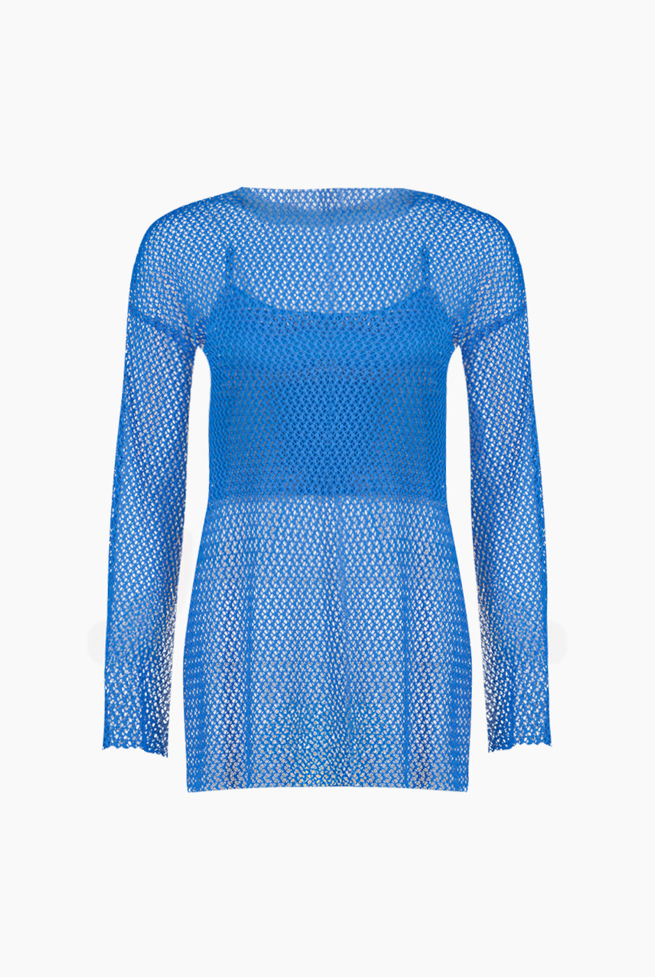 Blusa túnica azul tejida de manga larga y cuello redondo
