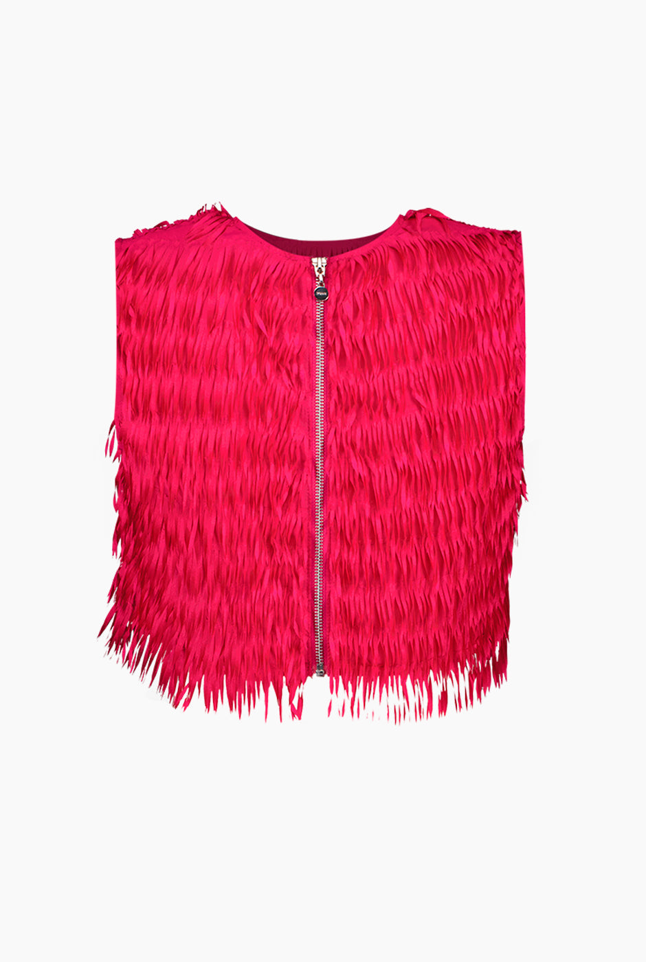 Top corto sin mangas fucsia con flecos y cuello redondo