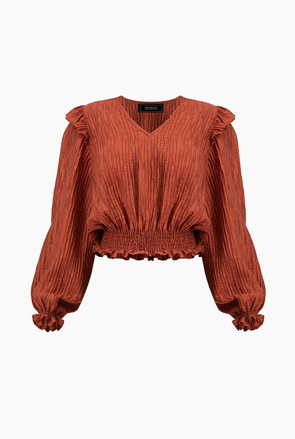 Blusa chedrón con escote en V y volantes en manga larga