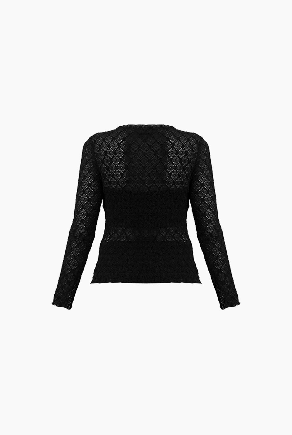 Blusa tejida negra de manga larga con encaje geométrico