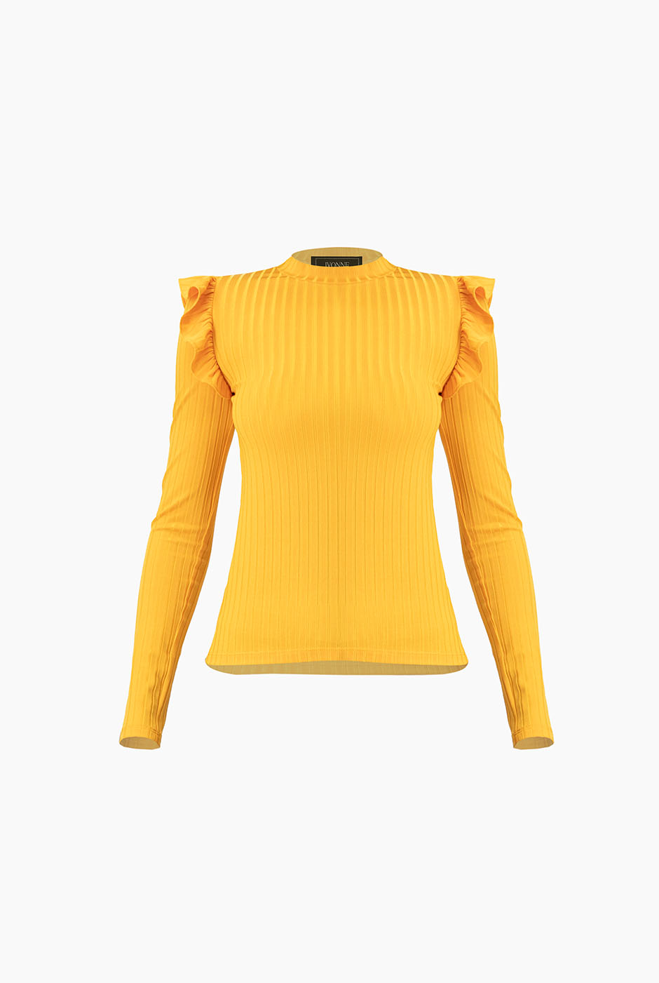 Blusa amarilla de manga larga con volantes y cuello alto