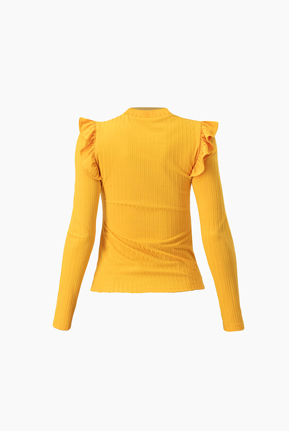 Blusa amarilla de manga larga con volantes y cuello alto