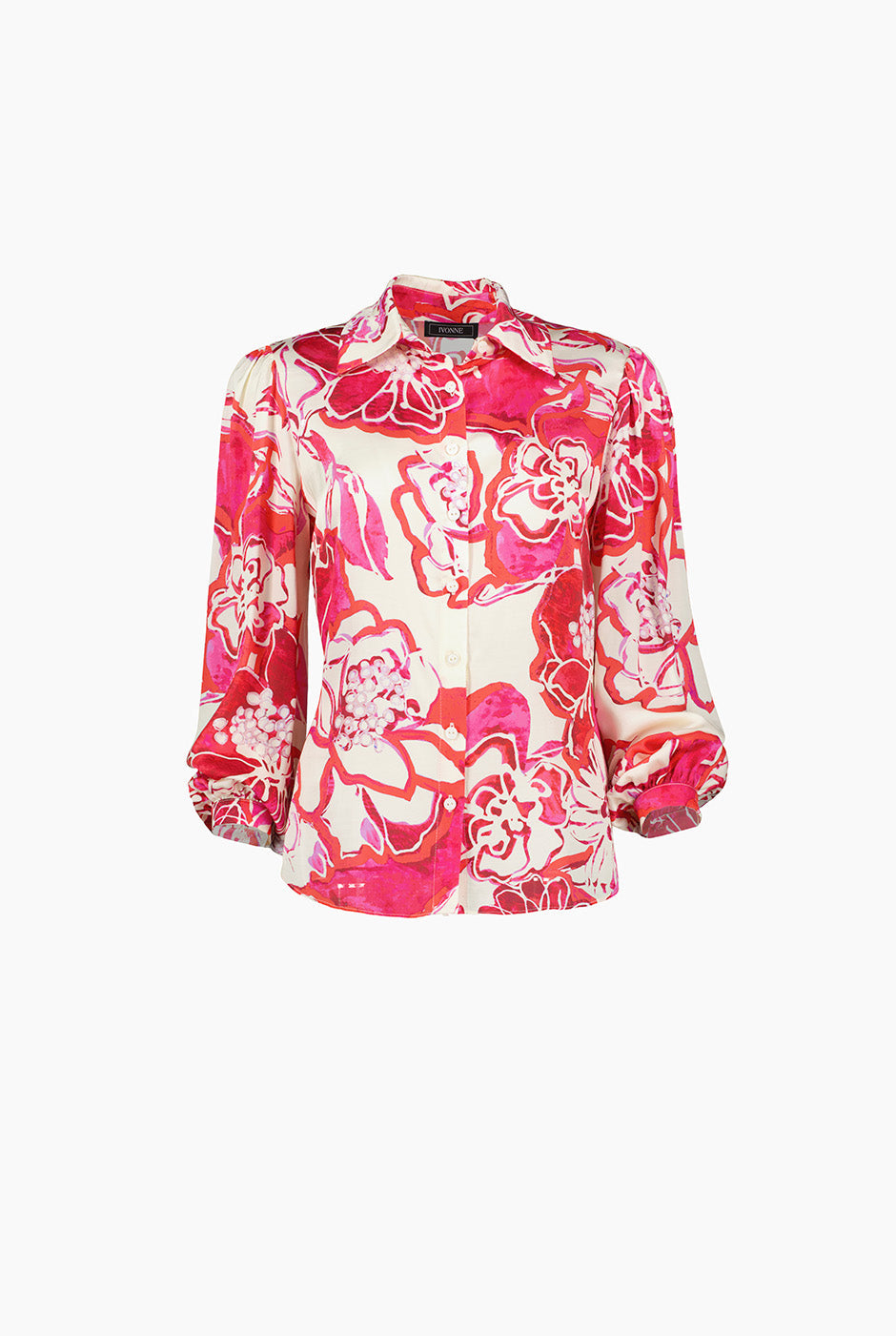 Blusa camisera fucsia con estampado floral y botones frontales