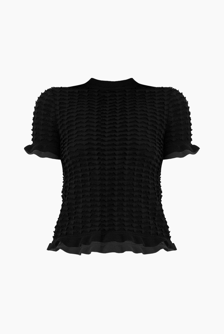 Blusa tejida negra con olanes y textura acanalada