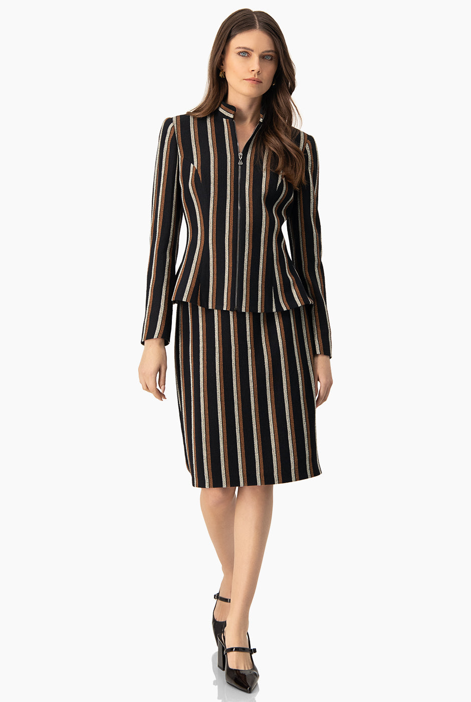 Falda midi negra rayada con cierre trasero