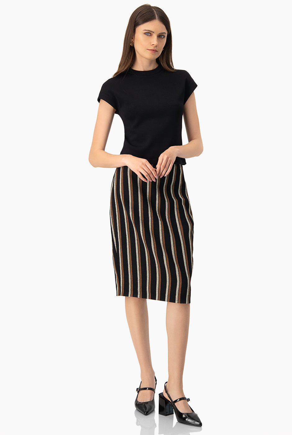 Falda midi negra rayada con cierre trasero