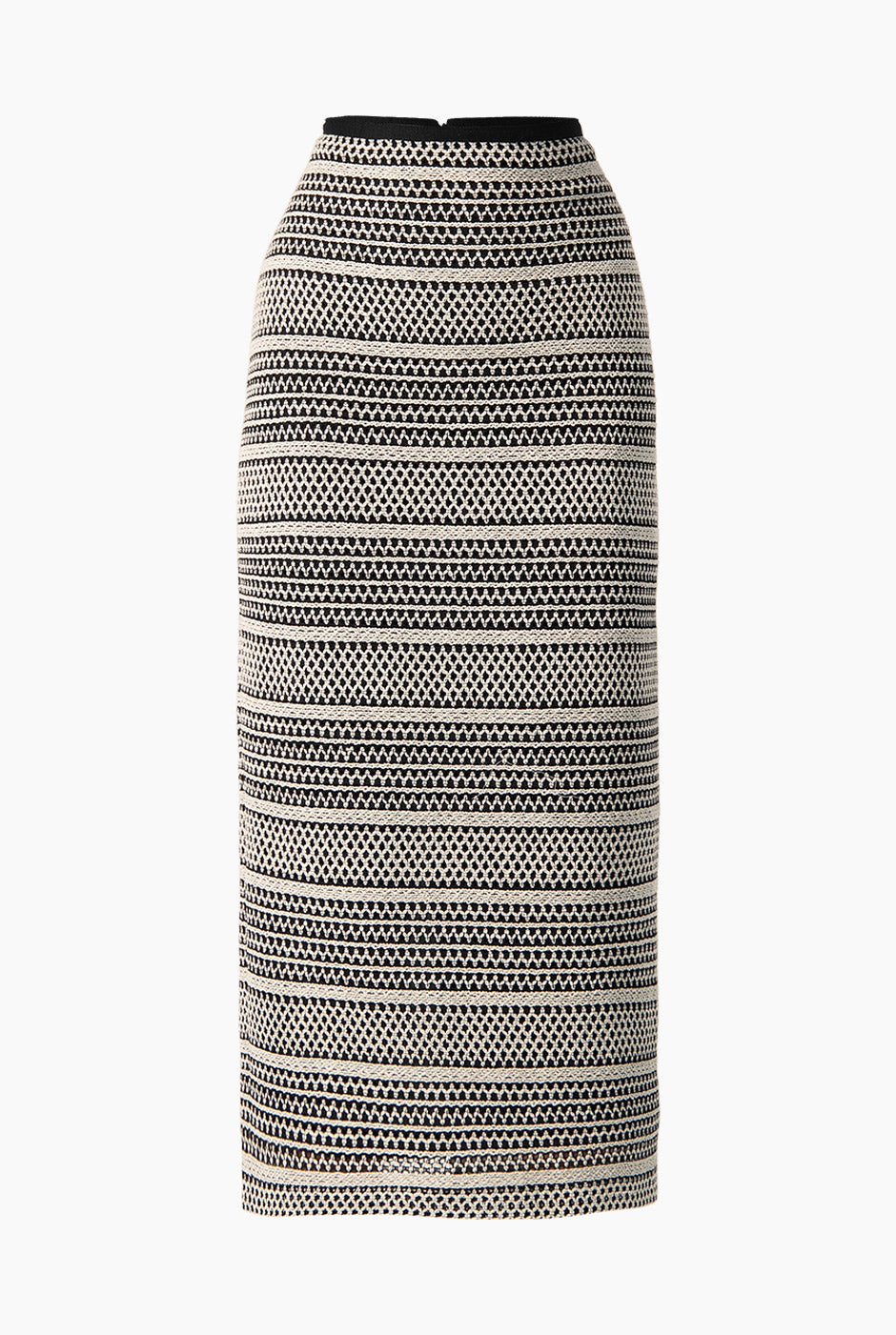 Falda midi negra ajustada con estampado geométrico y abertura trasera