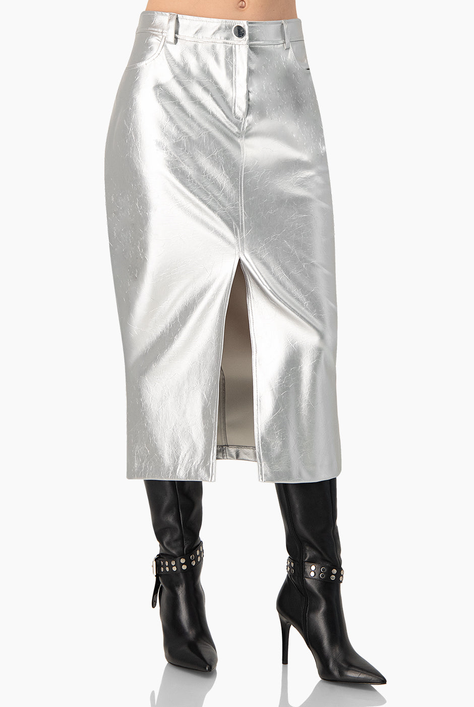 Falda larga plateada con abertura frontal y bolsillos