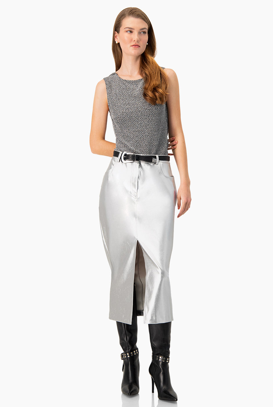 Falda larga plateada con abertura frontal y bolsillos