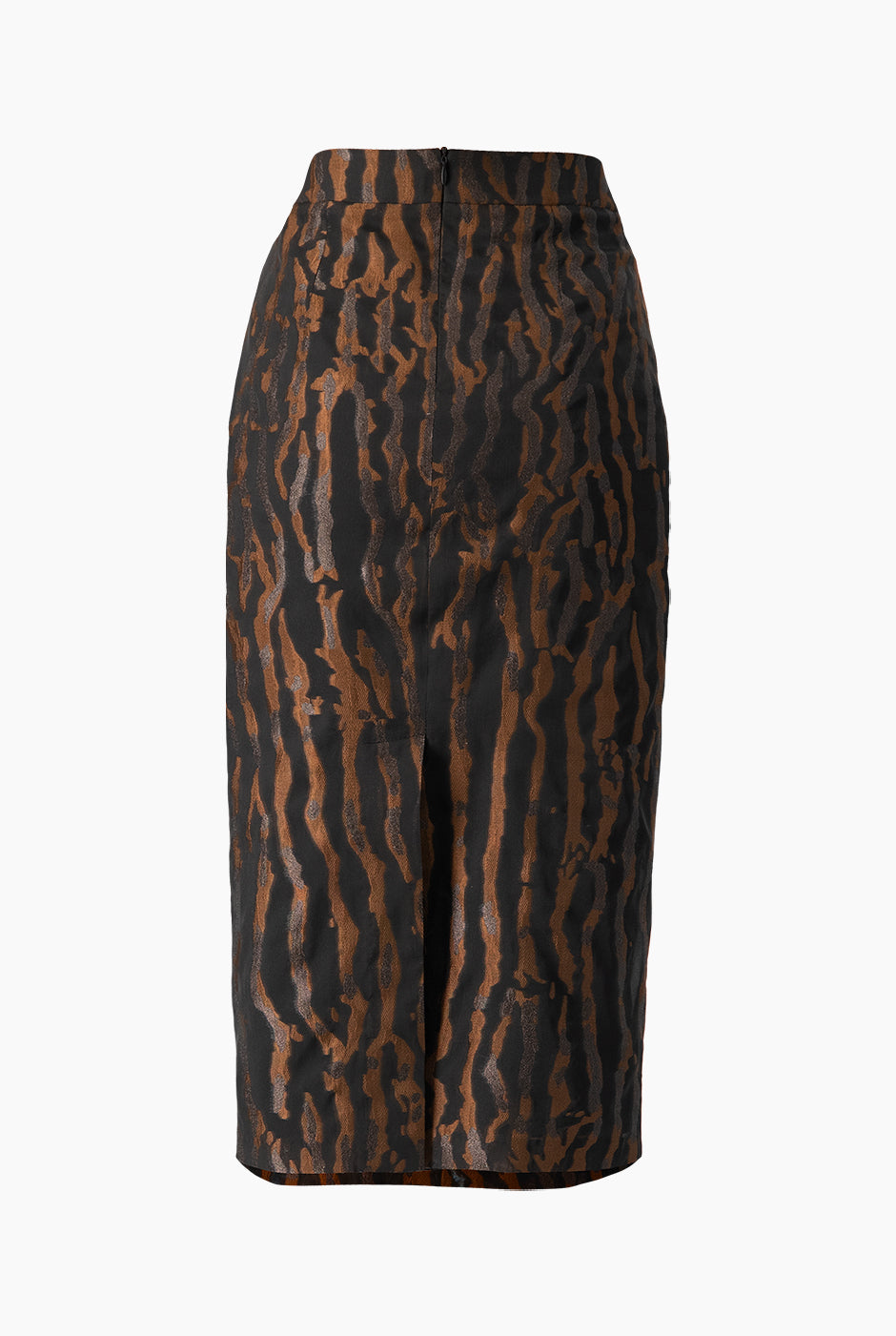 Falda negra midi con estampado animal print y abertura trasera