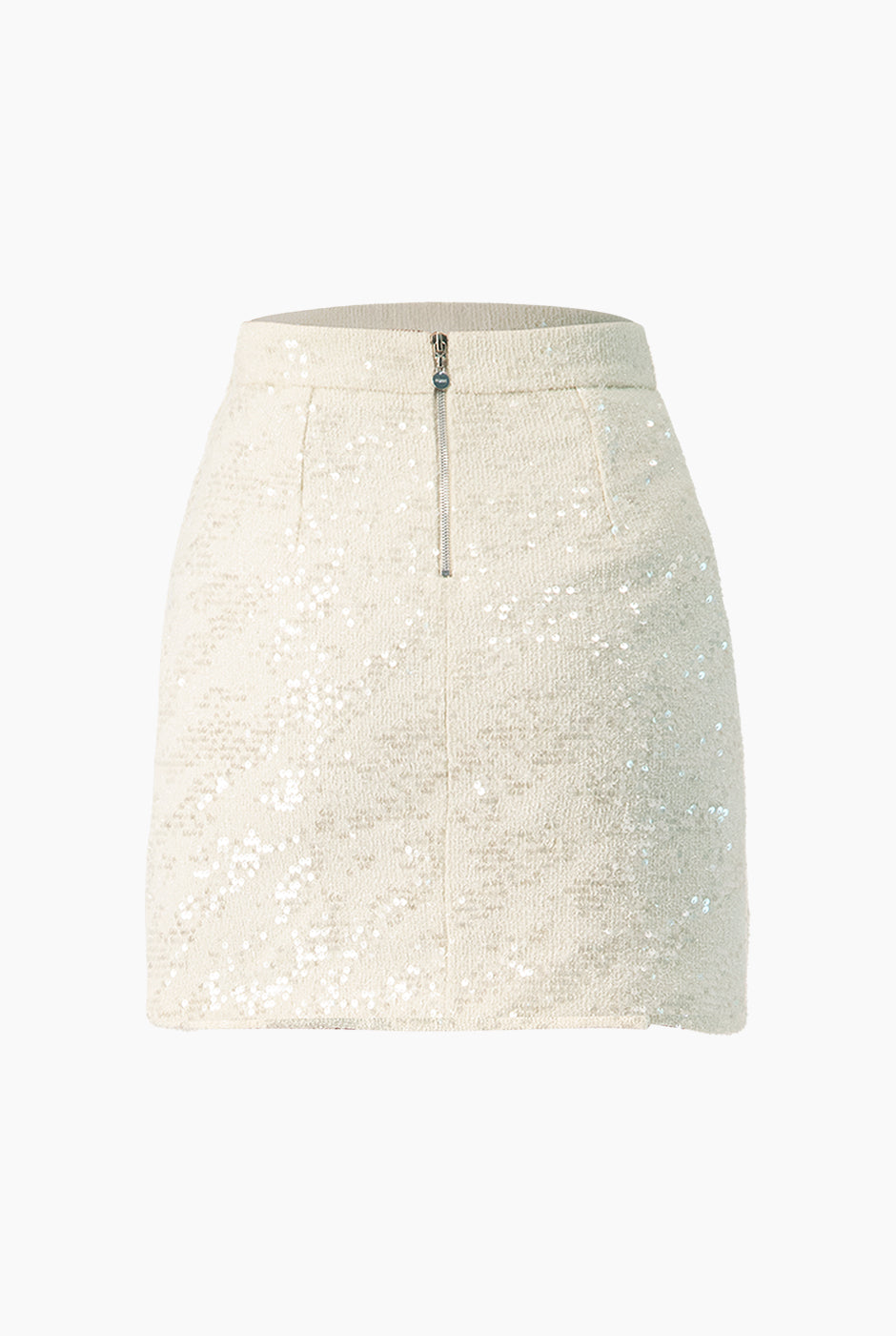 Falda corta marfil con botones y lentejuelas, vista frontal.