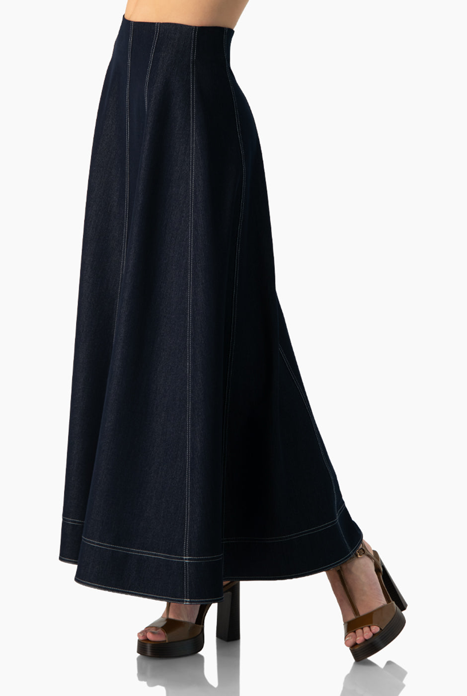 Falda midi azul marino con dobladillo ancho y cremallera trasera