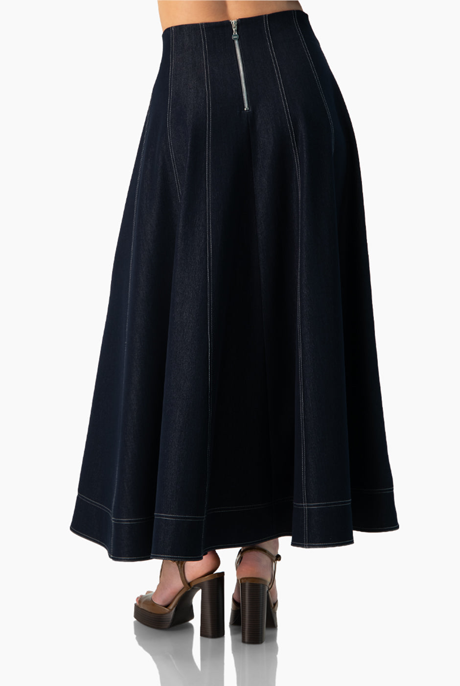 Falda midi azul marino con dobladillo ancho y cremallera trasera