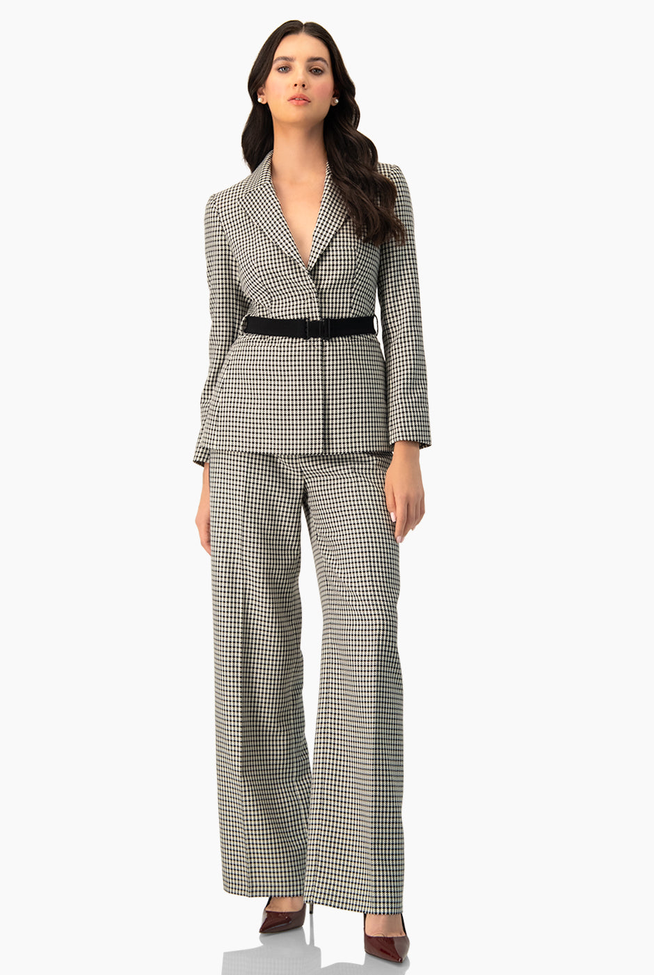 Pantalón negro de pierna amplia con estampado de cuadros y banda lateral