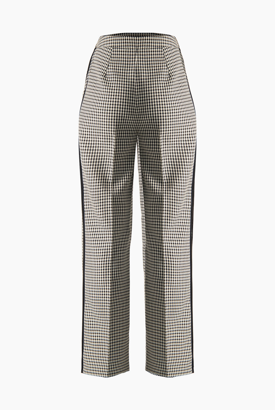 Pantalón negro de pierna amplia con estampado de cuadros y banda lateral