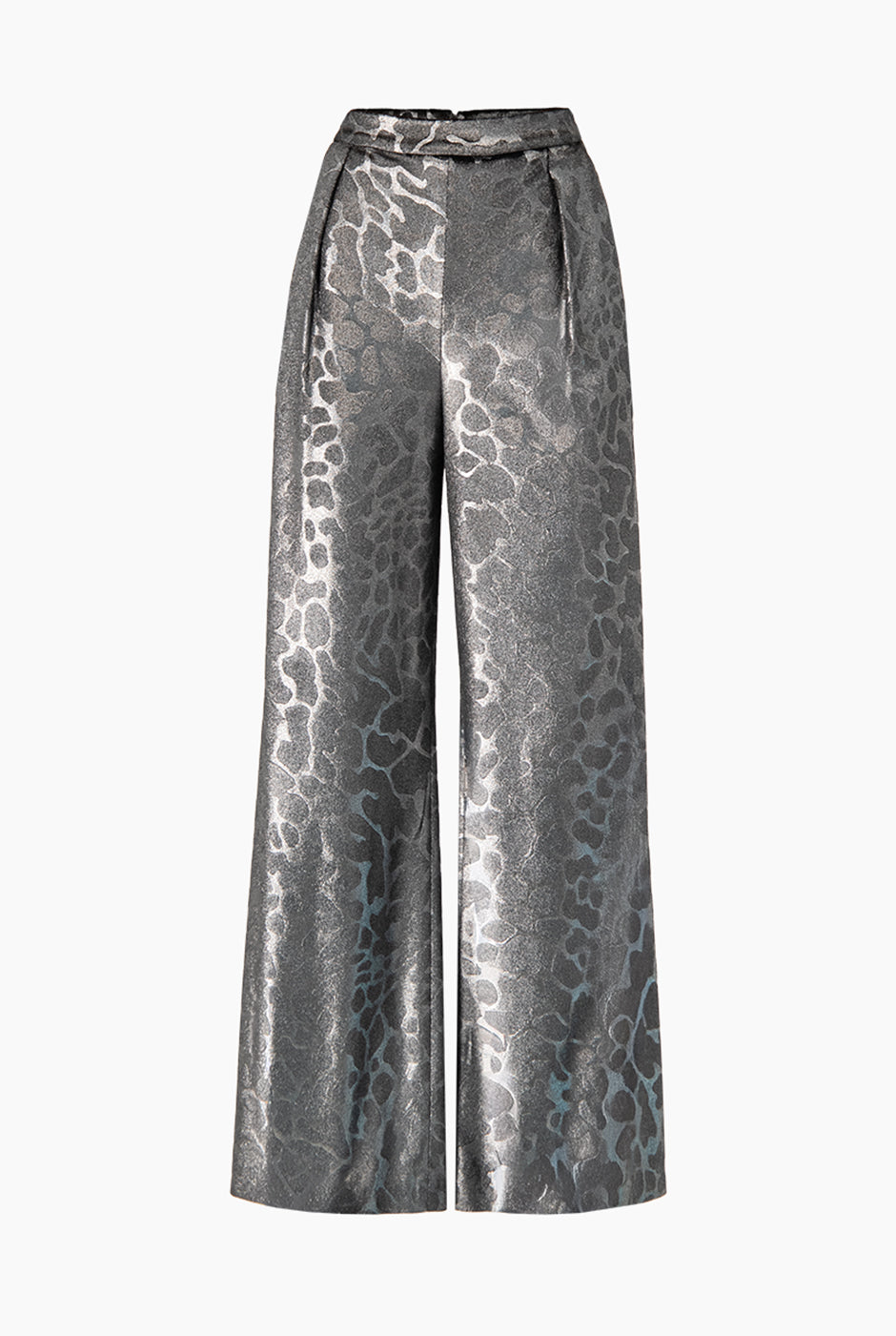 Pantalón palazzo plateado con estampado animal print elegante