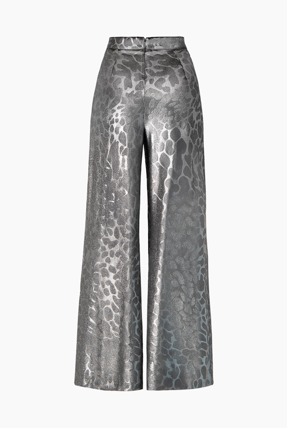 Pantalón palazzo plateado con estampado animal print elegante