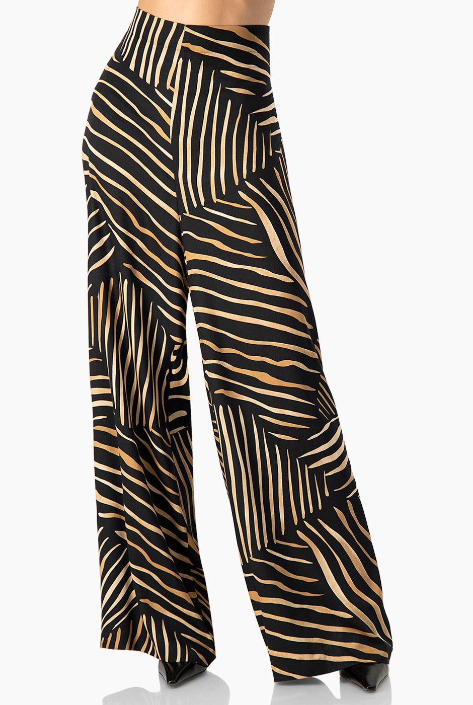 Pantalón amplio negro con estampado de rayas y cierre lateral