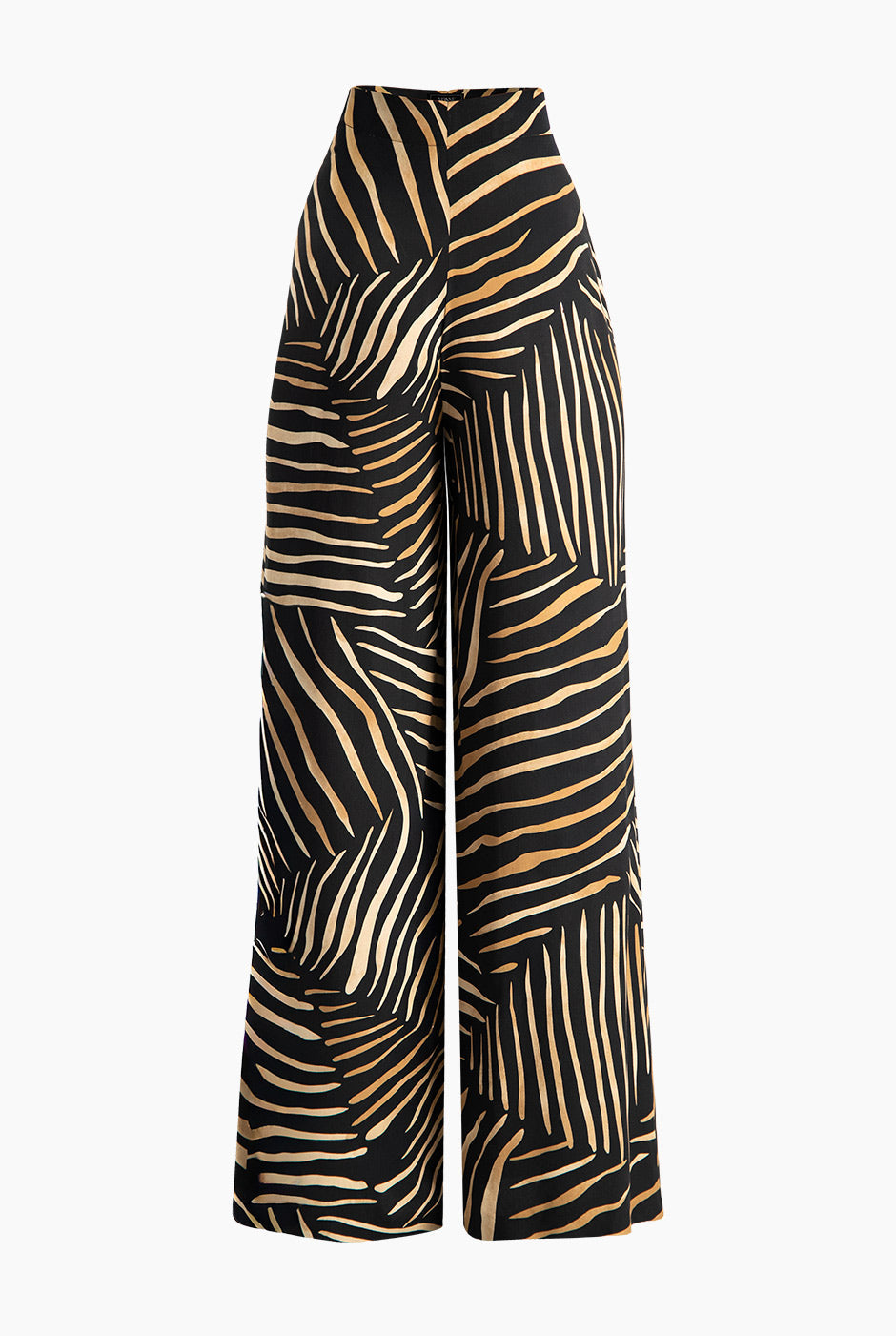 Pantalón amplio negro con estampado de rayas y cierre lateral