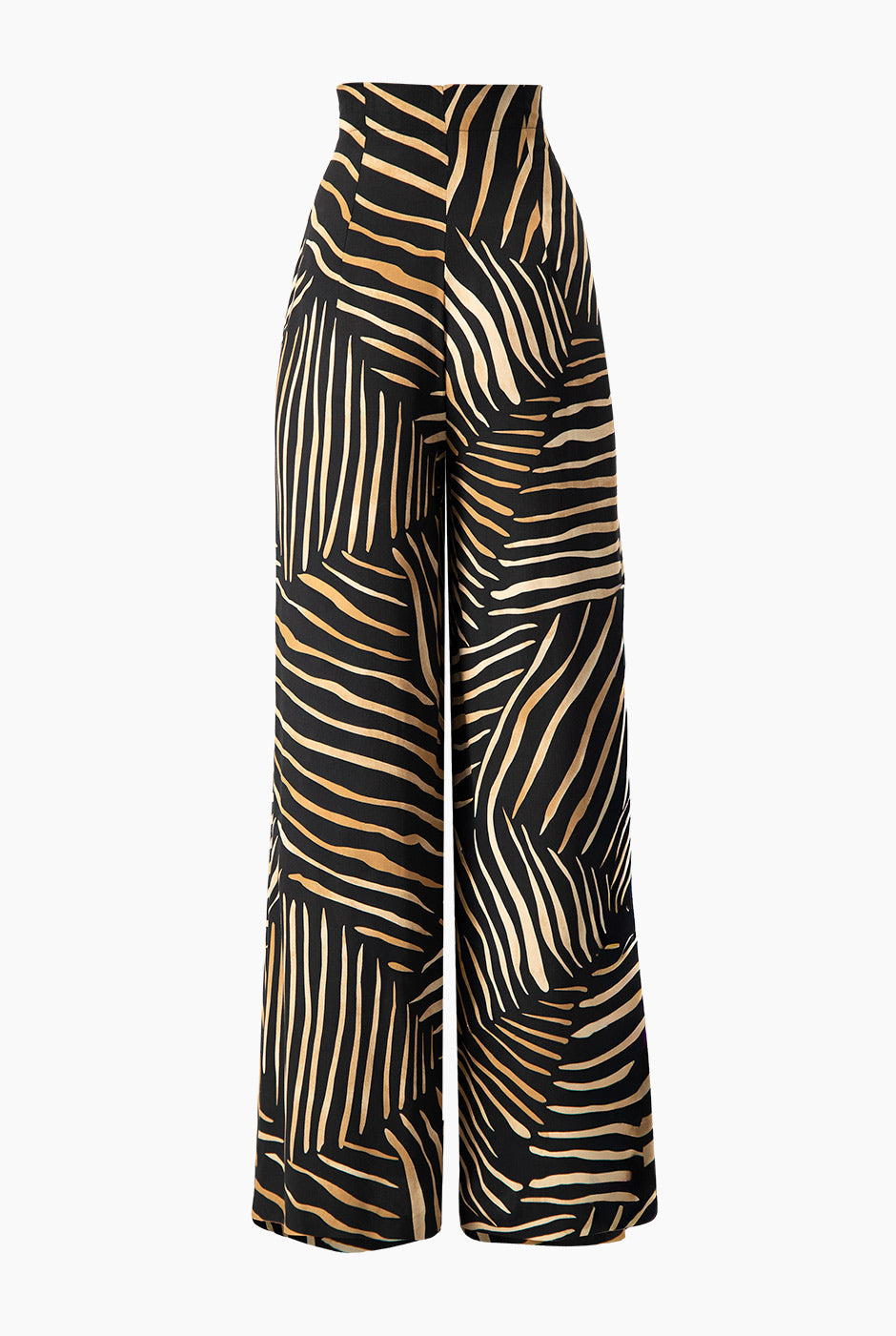 Pantalón amplio negro con estampado de rayas y cierre lateral