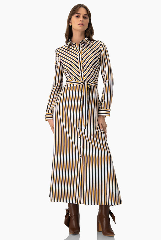 Vestido largo camisero multicolor con estampado de rayas y cinturón