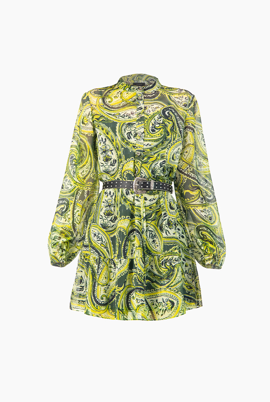 Vestido corto verde con estampado paisley y manga larga