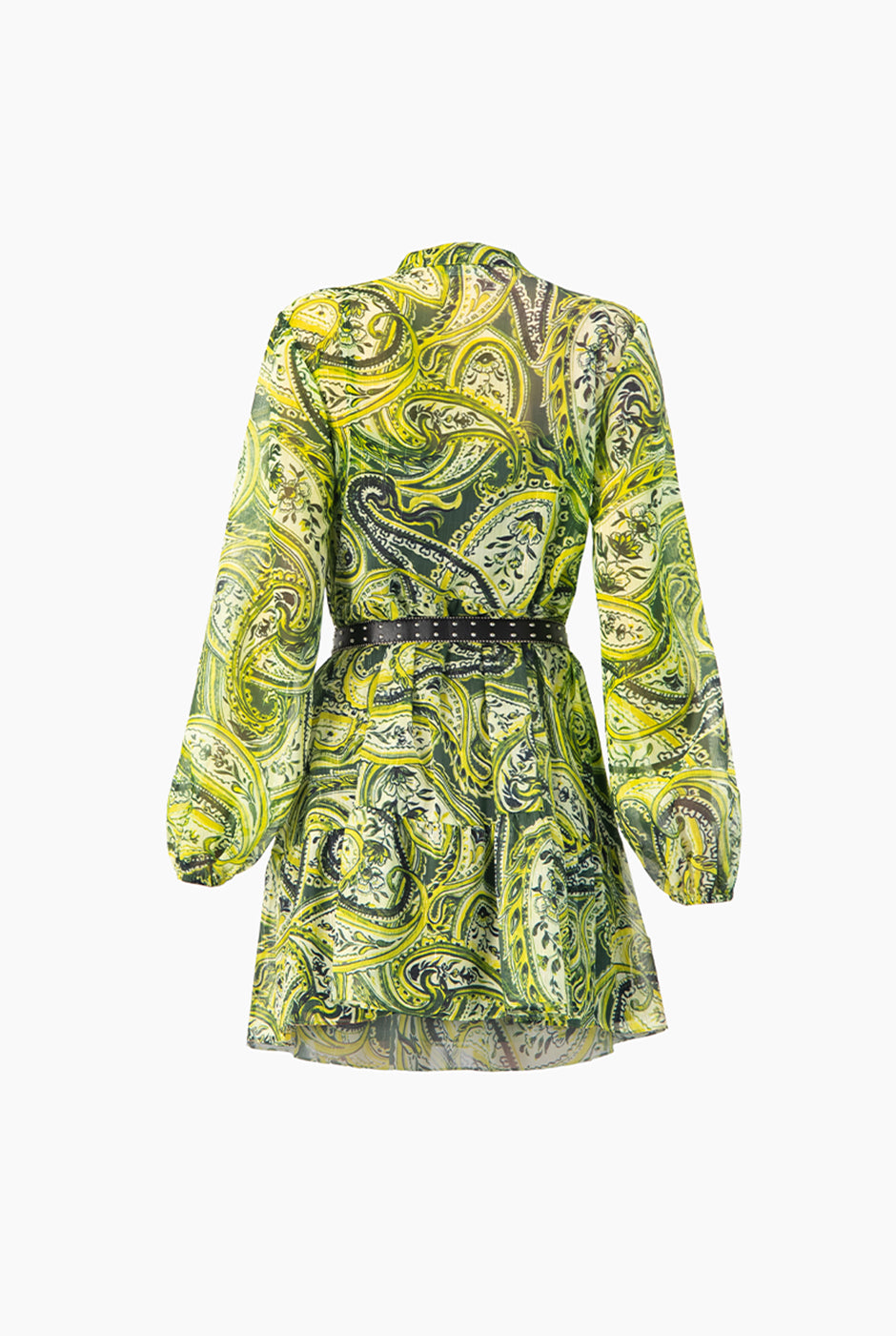 Vestido corto verde con estampado paisley y manga larga