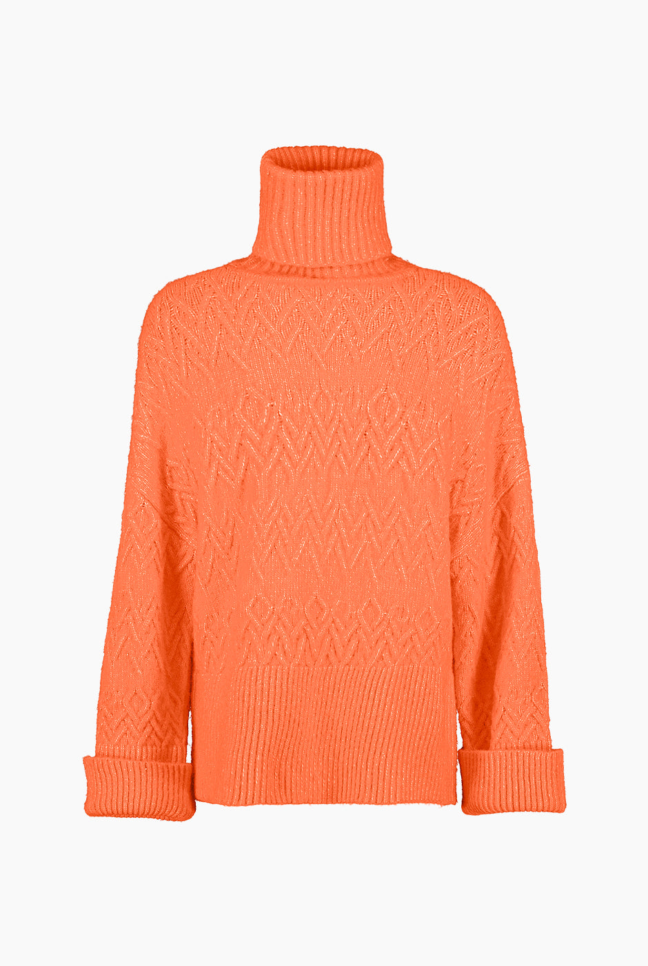 Suéter tejido oversized naranja con cuello tortuga y patrón geométrico