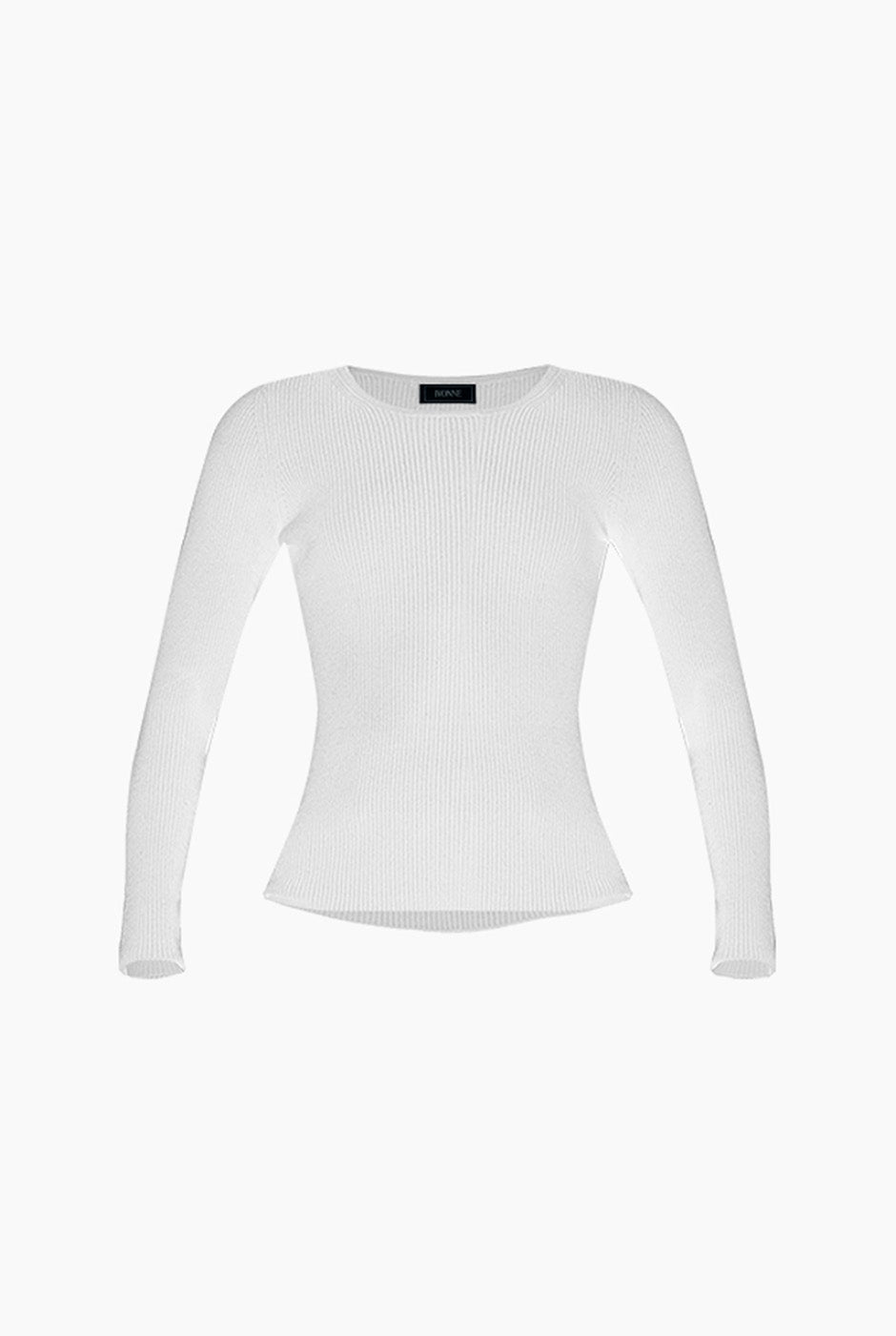 Suéter blanco acanalado con cuello redondo y manga larga