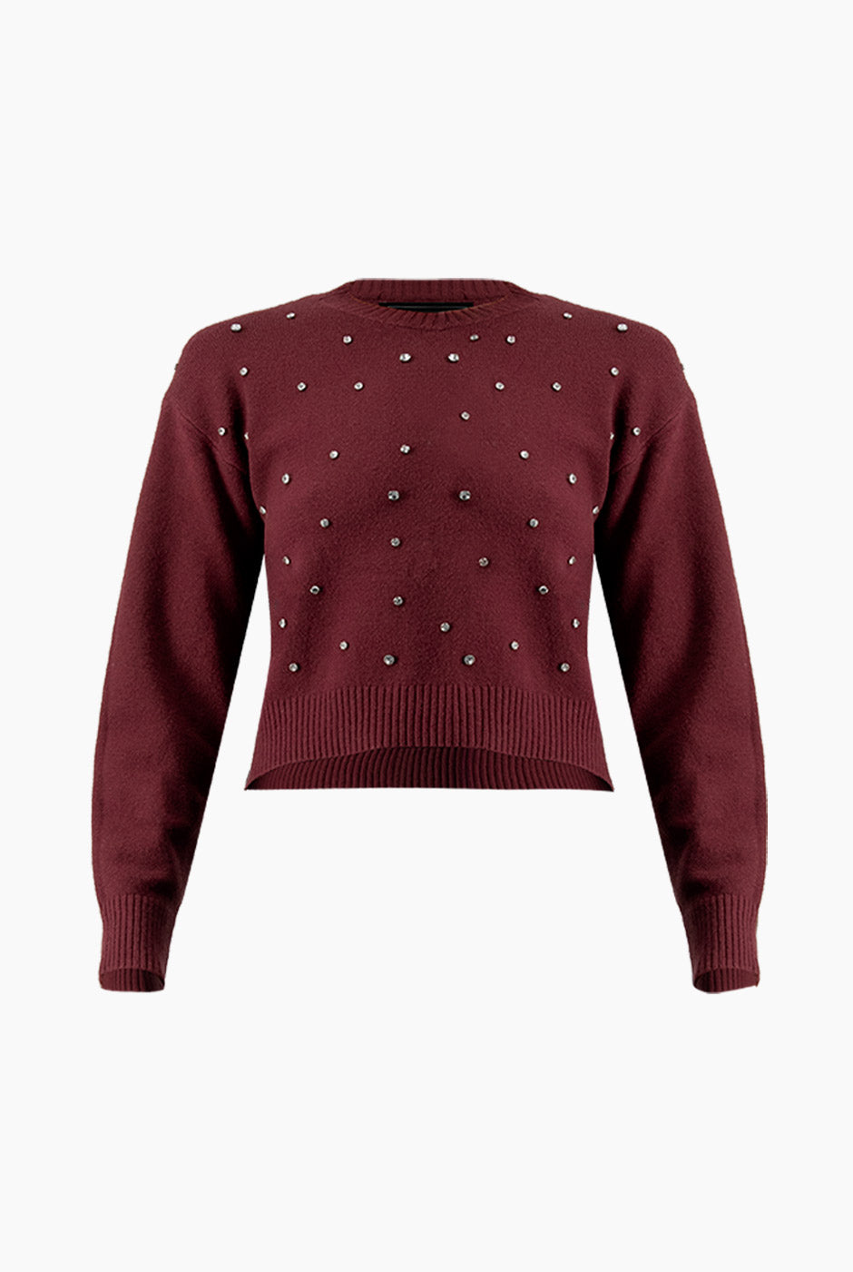 Suéter vino con apliques metálicos y bordes acanalados