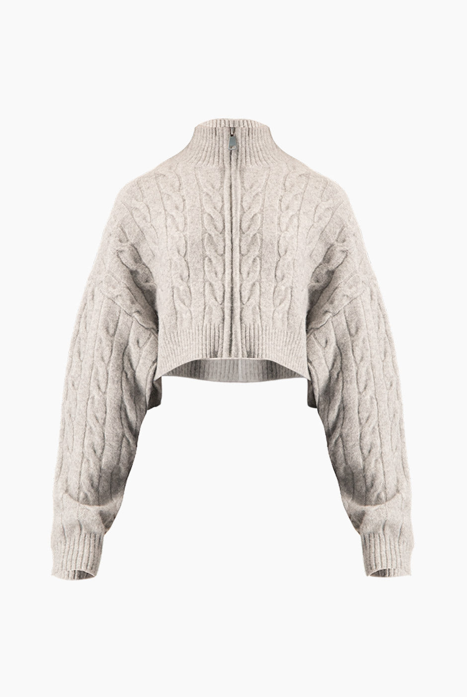 Suéter Cable Crop jaspe con tejido de ochos y cierre frontal